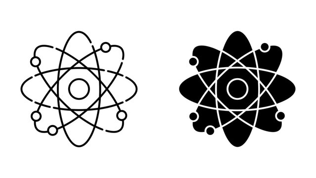 Atomic Model Diagrams: Two stylized diagrams of an atom, one in outline and one in silhouette, illustrating the structure of atomic orbits and particles.
