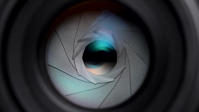 Close-up macro shot of a camera lens aperture smoothly closing from its widest to its narrowest setting, showcasing the precision of optical mechanics and exposure control