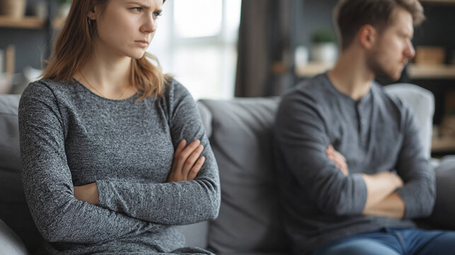 Sad young man and woman sitting on sofa with crossed arms ignoring each other after a fight or misunderstanding at home close up. Relationship crisis, family conflict, or divorce concept.