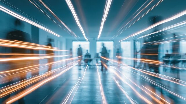 Abstract effect of light trails in modern office space with blurred business people and large windows creating dynamic slow shutter speed motion atmosphere