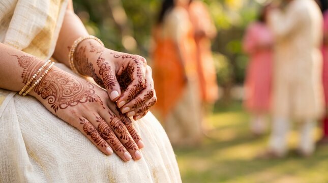 ヘナタトゥー（メヘンディ）を施した手元とインドの結婚式