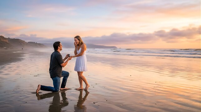 Man proposing to woman with an engagement ring on a sandy beach at sunset