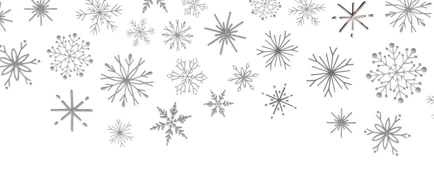 Abstract winter snowflake patterns in silver on white background, perfect for festive design.