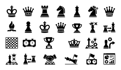 Modern Chess Vector Icons Collection with Chess Pieces Chessboard and Tournament Symbols Isolated on White Background © Goutom