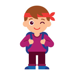 Smiling cartoon boy with backpack and headband