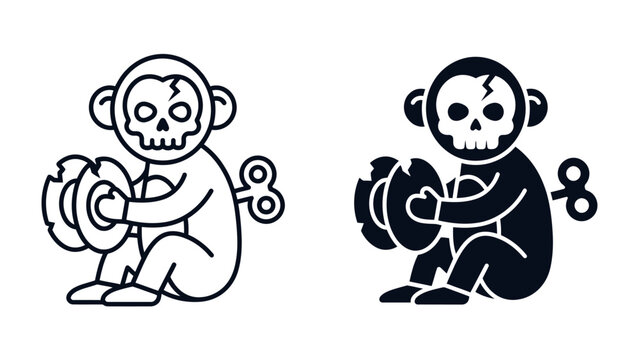 Monkey Skull Wind-Up Toy Icon: Two illustrative icons depict a stylized monkey toy with a skull face and wind-up key, holding cymbals, representing a playful yet macabre concept.
