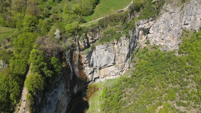 Aerial view of Skaklya Waterfall at Balkan Mountains near village of Zasele, Bulgaria
