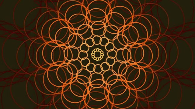 Abstract geometric background with glowing orange circles in a mandala pattern.