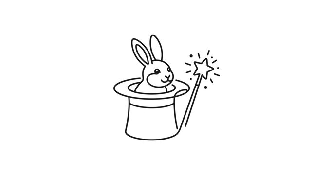 A simple line art illustration of a cute rabbit emerging from a magician top hat with a magic wand.
