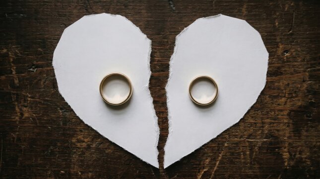 Torn Legal Document With Two Wedding Rings on Either Side