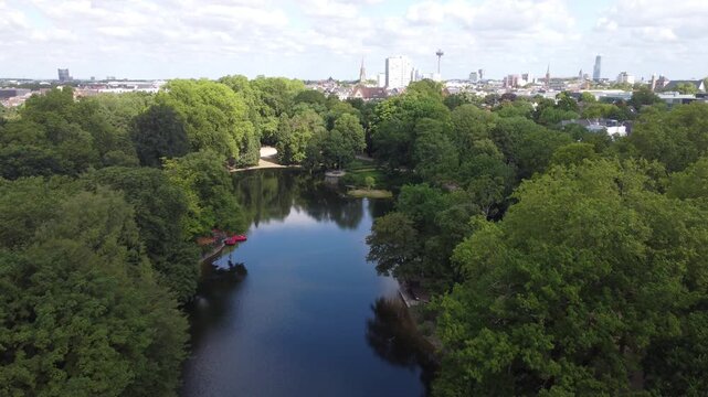 Aerial nature panorama of Volkspark in Cologne, North Rhine-Westphalia, Germany