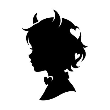 Cute devils girl silhouette with horns. Kawaii silhouette of a girl in profile with heart cutouts. Black vector illustration for Halloween and love themes. isolated on White Background