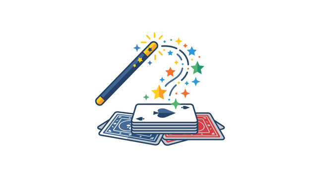 A magic wand hovering over a stack of playing cards with sparkling stars.