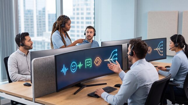 Modern call center team collaborating in a bright office, diverse customer service representatives with headsets, efficient tech support and communication solutions, business operations.