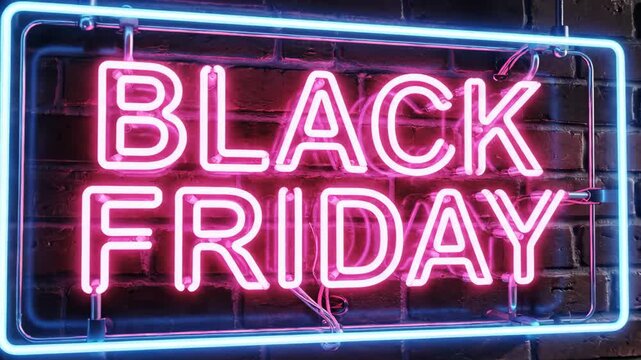Black Friday neon sign glowing on dark brick wall