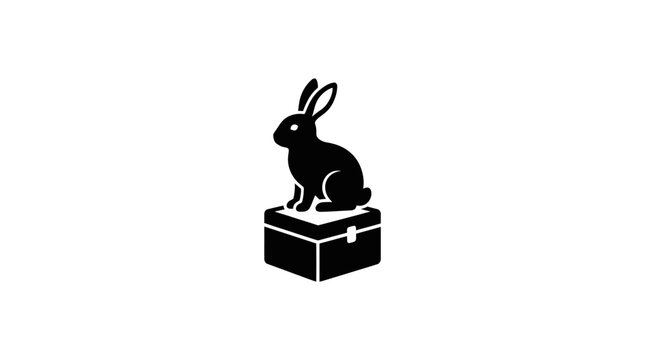 A minimalist black silhouette of a rabbit sitting on top of a closed box.