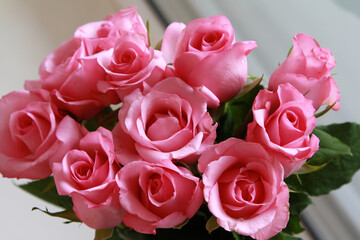 Fototapeta premium Close-Up View of a Beautiful Bouquet of Vibrant Pink Roses Clustered Together in Full Bloom
