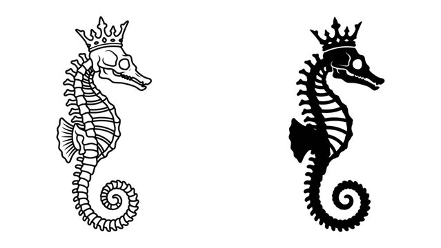 Royal Seahorse Skeletons: Two seahorse skeletons adorned with regal crowns stand as artistic representations of marine life and fantasy.