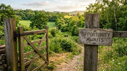 Fototapeta premium Side angle of an open wooden gate with an Opportunity Awaits signpost leading to a winding dirt trail through lush green hills, dense forests and a rural valley under a soft morning sky.