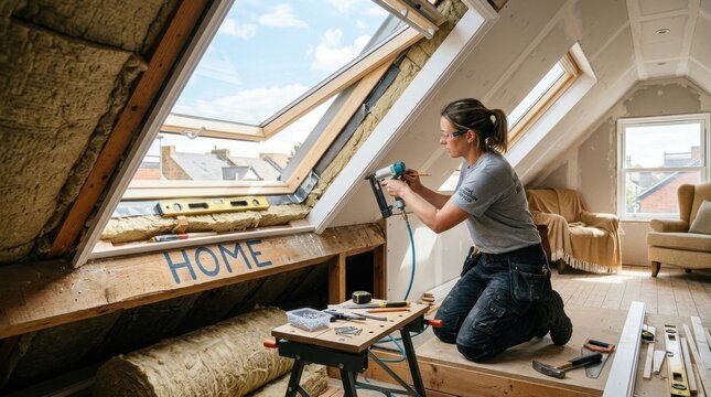 Professional female carpenter installing wooden trim around a new skylight window in a loft conversion attic using a pneumatic nail gun and construction tools during house renovation.