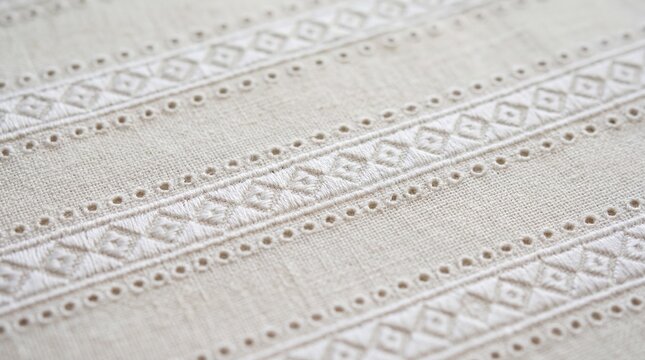 Heirloom whitework cutwork embroidery detail on natural linen