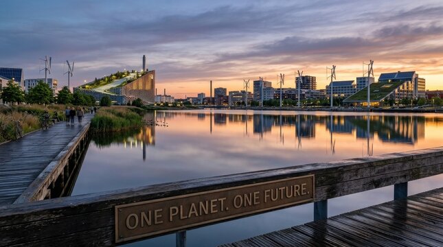 Wide shot of a sustainable smart city at sunset featuring a waste-to-energy plant, wind turbines, solar panels, and water reflections with a sign reading One Planet One Future.