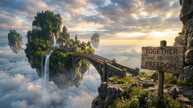 Wide shot of fantasy floating islands featuring lush vegetation, cascading waterfalls, a medieval stone village, and a bridge connecting to a rocky cliff with a wooden sign.