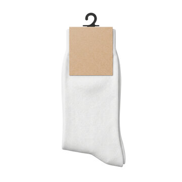 White Sock Hanging on Display Hook with Blank Cardboard Tag - Product Mockup