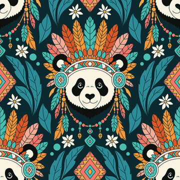Tribal panda bear seamless pattern with boho indian feather headdress colorful native american bohemian background ornament