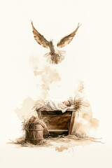 Obraz premium Soft watercolor illustration shows a white dove with brown wings flying down towards baby Jesus in a manger, wrapped in cloth and resting on hay