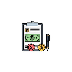 Naklejka premium A flat vector illustration of a clipboard with money and a pen representing financial documentation.