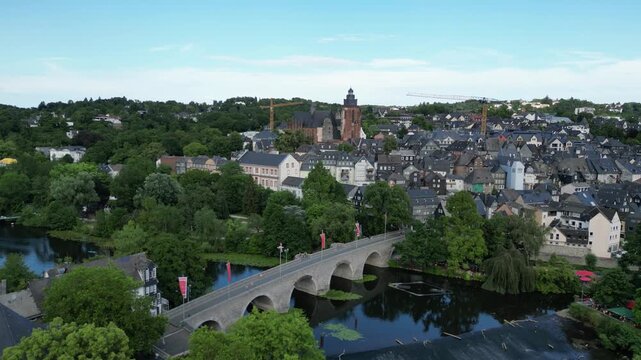 Aerial View of the city of Wetzlar with the Lahn River and the Old Lahn Bridge.	
