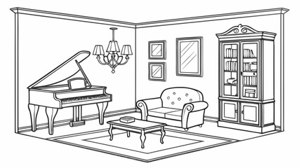 Classic elegant living room corner with grand piano and sofa line art, furniture © Rimo
