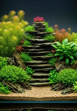 Beautifully Aquascaped Freshwater Aquarium with Stacked Stone Pagoda and Lush Green Aquatic Plants