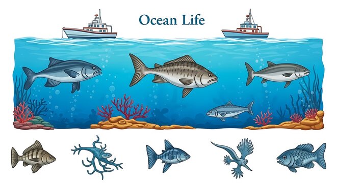 Educational illustration of ocean life with various fish species and boats on the water.