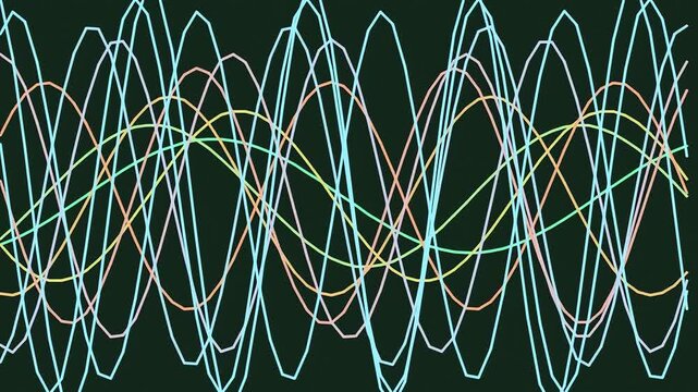 Abstract background featuring colorful overlapping sine waves representing sound frequencies and data analysis.