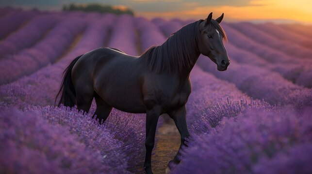 Black Friesian Stallion Standing Proud in a Beautiful Blooming Lavender Field Under Vibrant Golden Sunset Sky