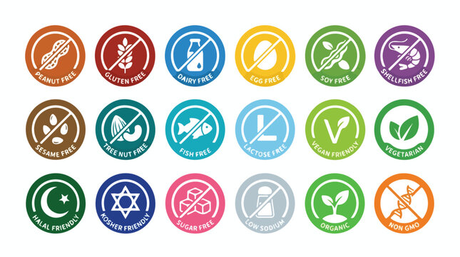 Food allergy icons set, 18 dietary restriction labels for packaging, colorful allergen free symbols, vegan and gluten free vector badges