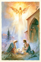 Obraz premium Mary and Joseph gather around their newborn baby in a stable. An angel watches over them with a bright light. This scene happens in a small town