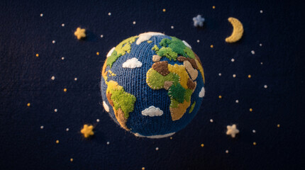 Fototapeta premium Crocheted Earth globe model surrounded by felt stars and moon on a dark blue textured background
