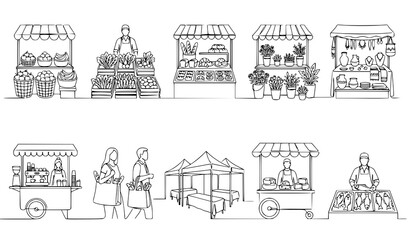 Obraz premium Market Stall Line Art Vector Set Food Cart Vendor Shop Outline Illustration Collection for Street Market Design
