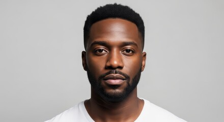 Obraz premium Portrait of a Confident Young African American Man with a Beard Looking at Camera on Grey Background