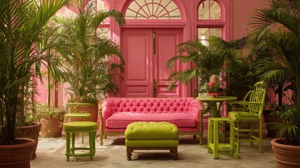 Fototapeta premium Pink Doorway with Tropical Plants and Green Furniture in Courtyard Setting Interior Design Style