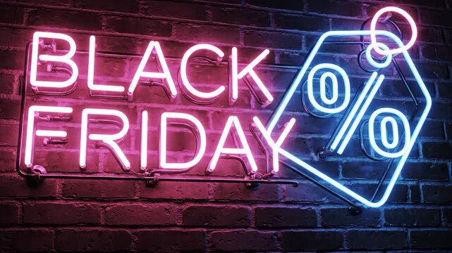 Black Friday neon sign with discount tag on brick wall