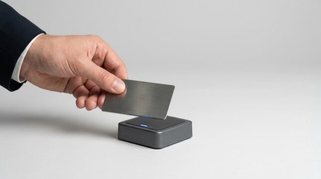 Business professional holding metallic access card near contactless reader for access rights management and enterprise authorization with wide copy space