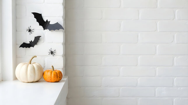 Minimalist Halloween decor with white and orange pumpkins on a white mantel, black bat wall decals, cozy indoor setting, simple festive styling for seasonal home design Halloween