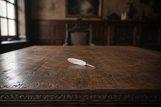 Ancient oak negotiation table with a single white quill pen at center.