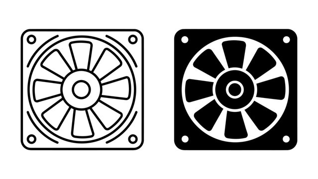 Computer Fan Icons: A pair of computer cooling fan icons, one outlined in black and white, the other solid black, representing cooling technology and component efficiency.