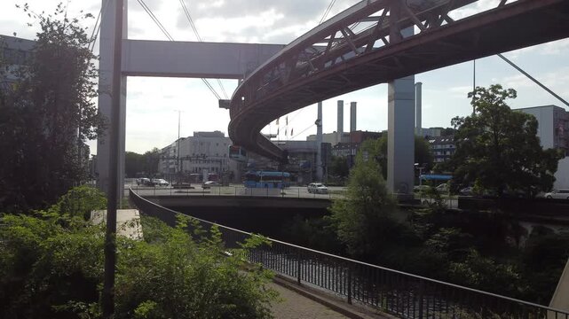 Wuppertal Suspension Railway over the Wupper River in North Rhine-Westphalia, Germany