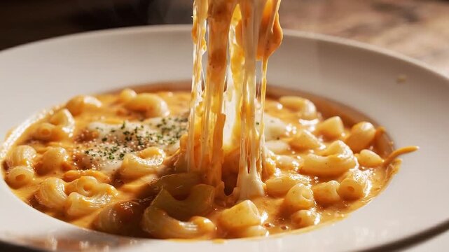 Close-Up of Fork Lifting Cheesy Macaroni and Cheese with Long Melted Stretch